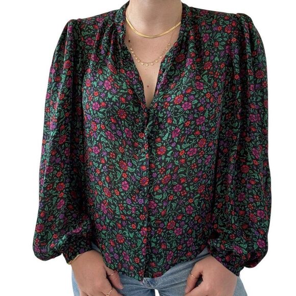 Veronica Beard Ashlynn Blouse Black Pink Floral 100% Silk Sheer Sz 2 - Picture 4 of 8